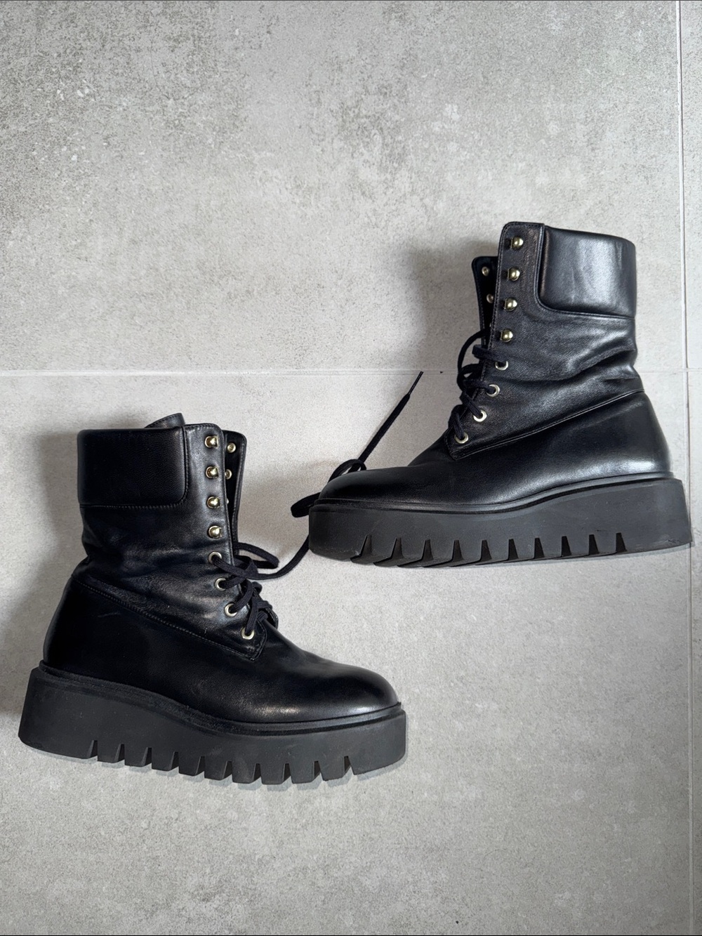 Stuart Weitzman Black Leather Platform Combat Boots Made in Spain MSRP $895